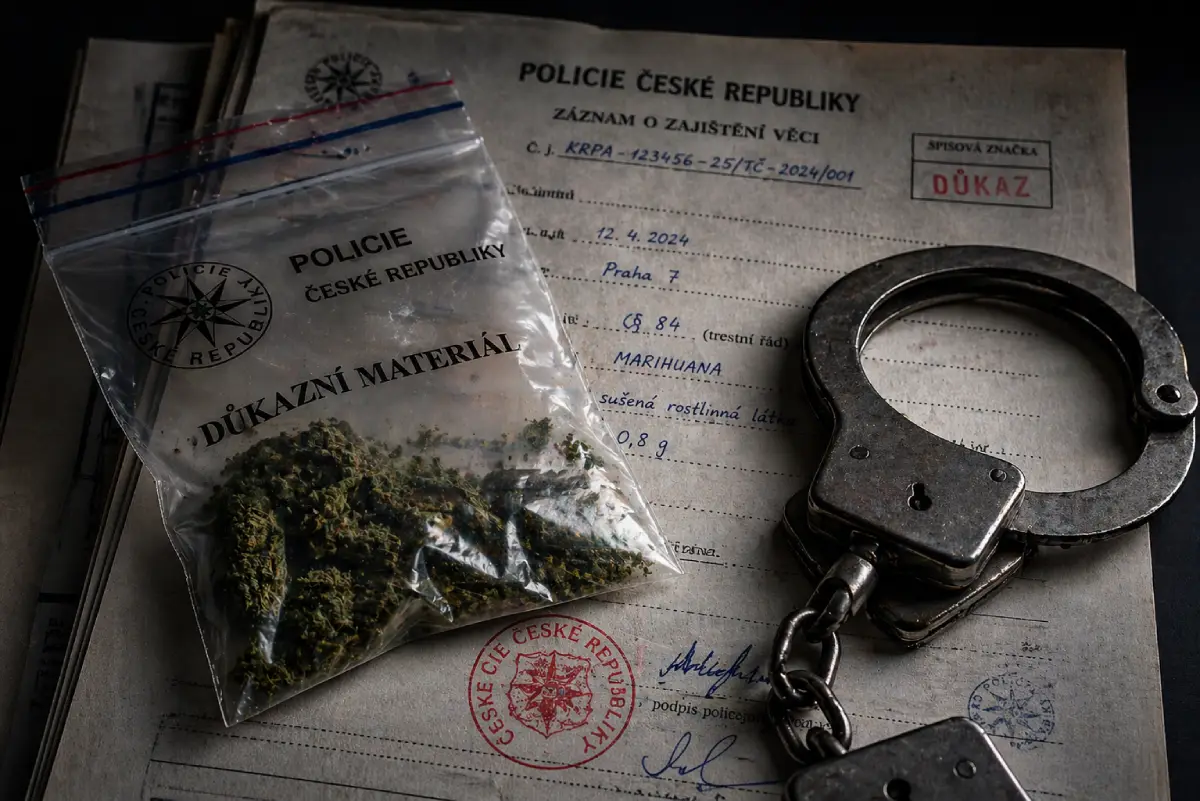 Koncepcyjny obraz skonfiskowanych substancji i kajdanek na oficjalnych dokumentach policyjnych.