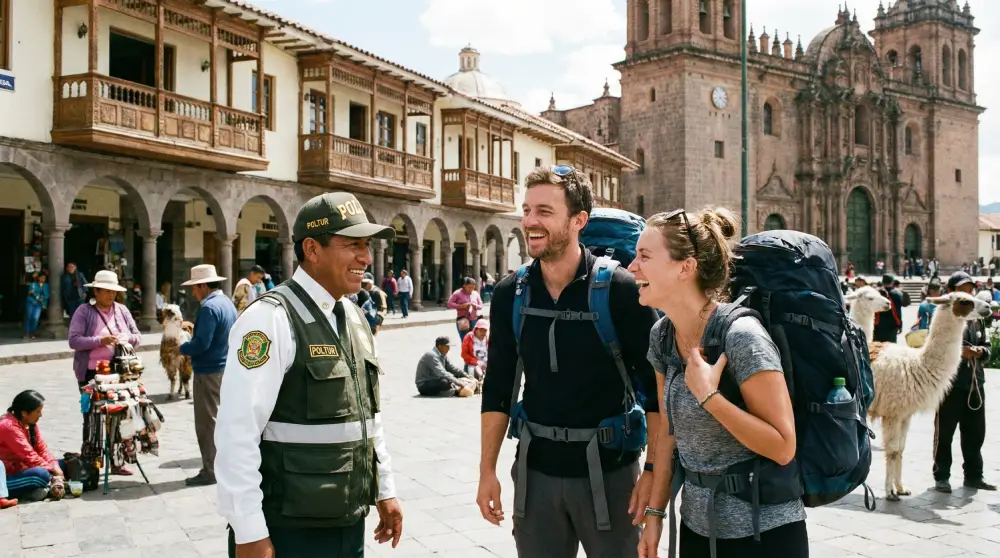 Oficial da Polícia Turística (Poltur) ajudando viajantes na Plaza de Armas, Cusco, mostrando presença de segurança nas zonas turísticas.