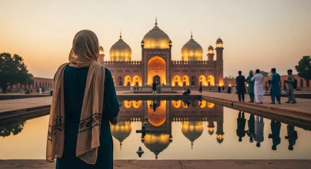一位单身女性旅行者的电影般的照片，从后面拍摄，穿着传统的Shalwar Kameez和Dupatta，尊重地望着巴基斯坦拉合尔的一座清真寺。