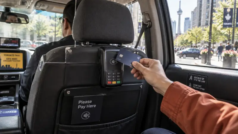 Passenger retaining their bank card while tapping a payment terminal inside a stationary taxi.
