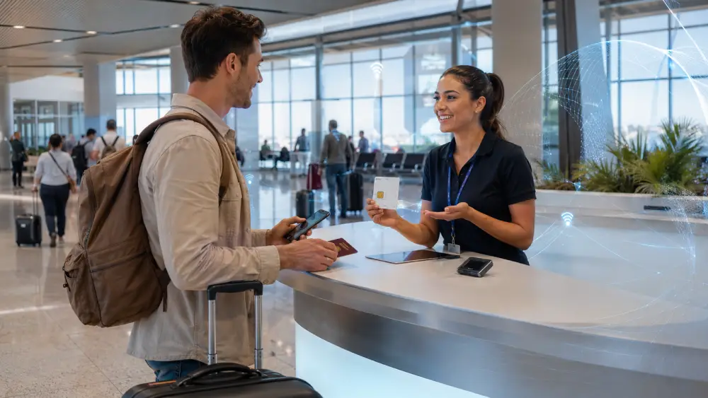 Reisender kauft eine SIM-Karte am Flughafen Ercan in Nordzypern nach der Ankunft.
