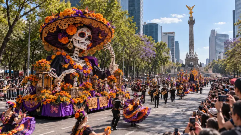 Día de Muertos parade on Reforma with a large Catrina float, dancers and the Ángel de la Independencia.