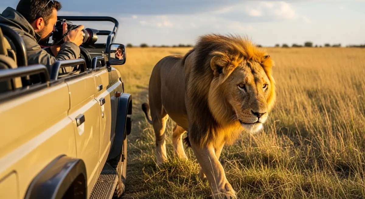 A massive male lion walking extremely close to a tourist safari jeep in the Kruger National Park, showing the importance of staying inside the vehicle.