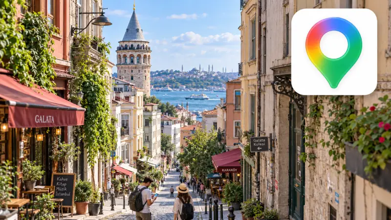 Bovenaanzicht van reizigers op een kruising in een straat in Istanbul, met het officiële Google Maps-pictogram als redactionele inzet.