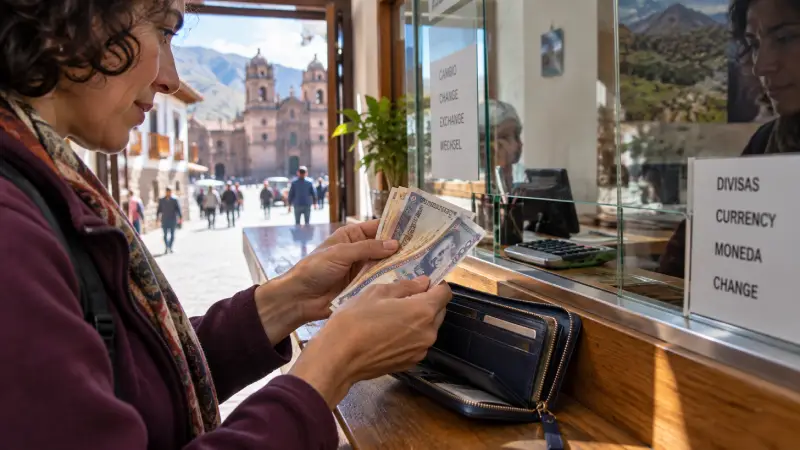 Voyageur comptant des billets de banque à un comptoir de change illustratif à Cusco.