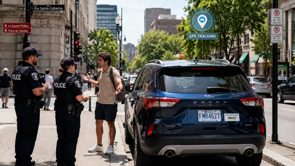 Un SUV a noleggio blu parcheggiato in una strada di Montreal con poliziotti che parlano con un turista sullo sfondo.
