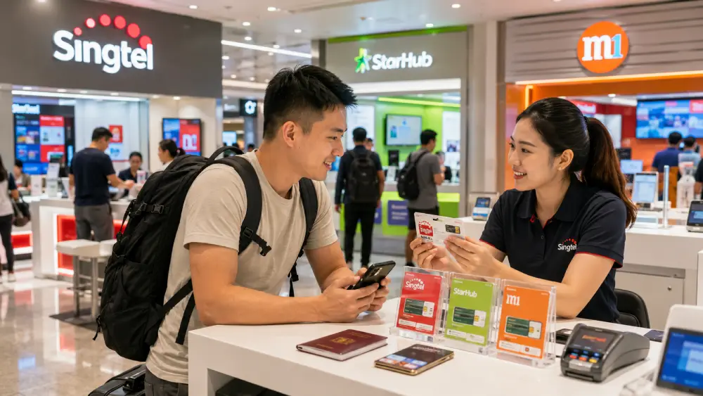 Tourist comparing local SIM card options inside a Singapore mobile shop with major operators visible.