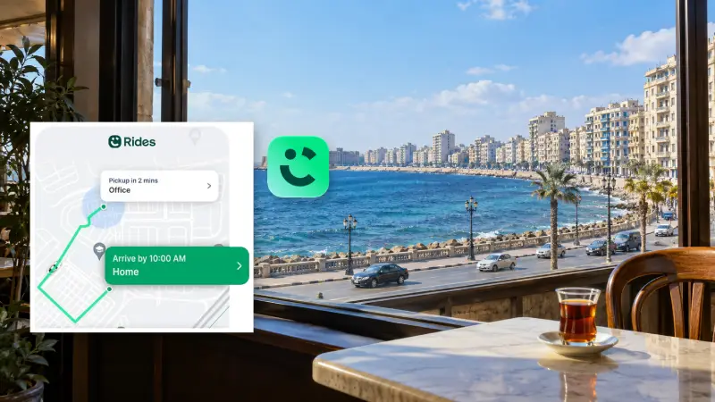 Alexandria waterfront café scene with the Careem icon and a cropped official ride-map demonstration.