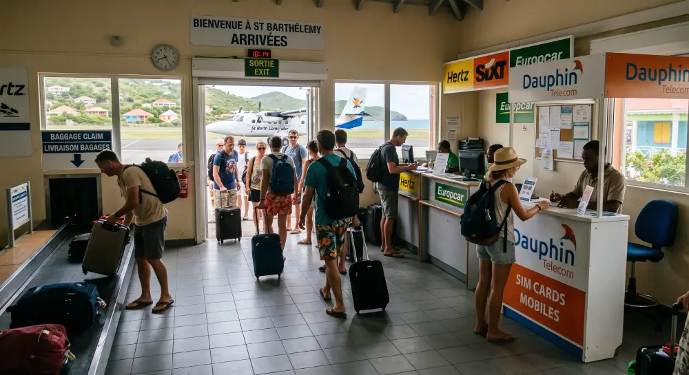 Cena autêntica de loja de telecomunicações local em Saint Barth&eacute;lemy mostrando uma vitrine realista de operadora móvel ou ponto de venda de SIM.