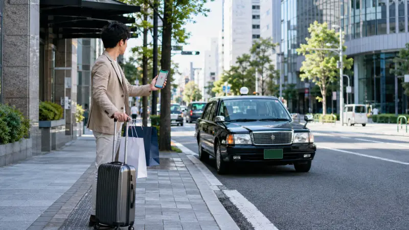 traveler uses a smartphone to call a taxi on a Japanese city street.