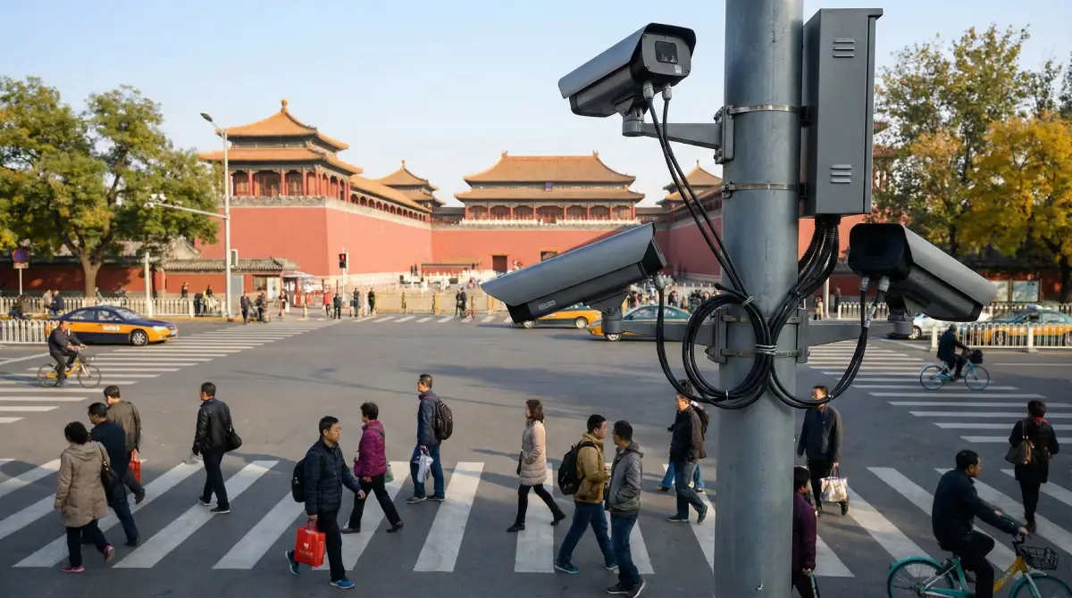 Multiple CCTV cameras mounted on a pole overlooking a busy street in Beijing, China.