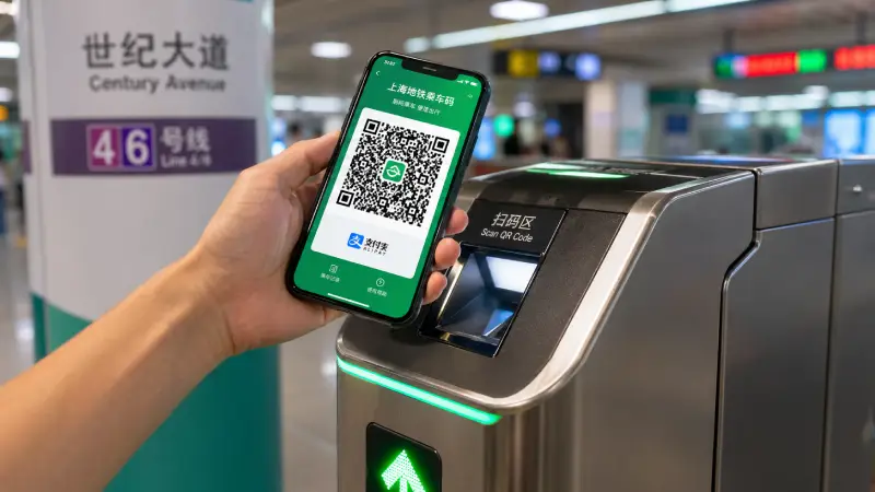 Traveler scanning Alipay transit QR code on a smartphone at an automated metro station turnstile in Shanghai.