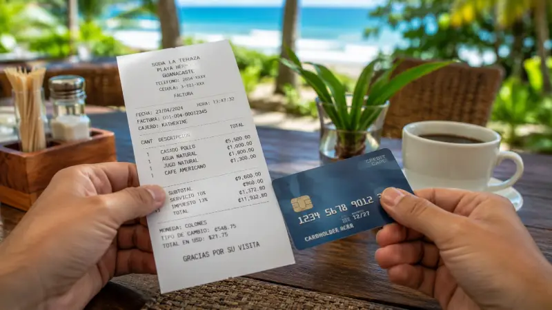 aying a restaurant bill with hidden service taxes in Costa Rica.