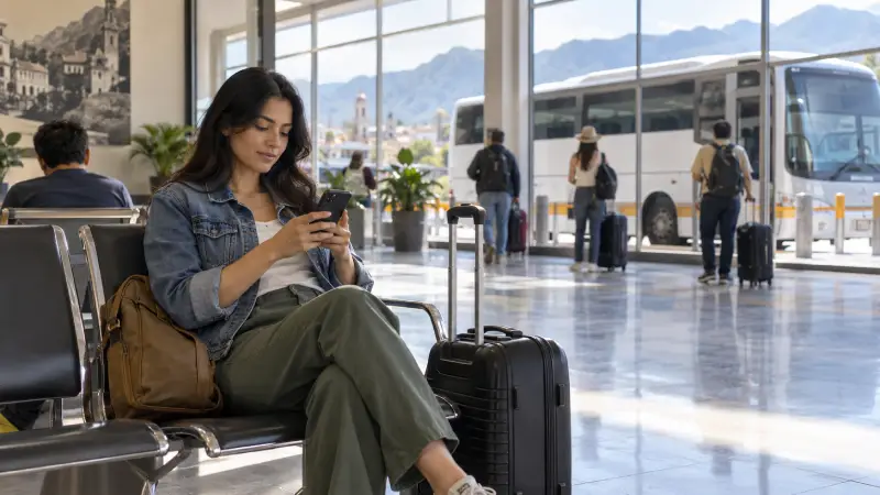 A traveler checks a phone beside a suitcase in a sunlit Mexican bus terminal.