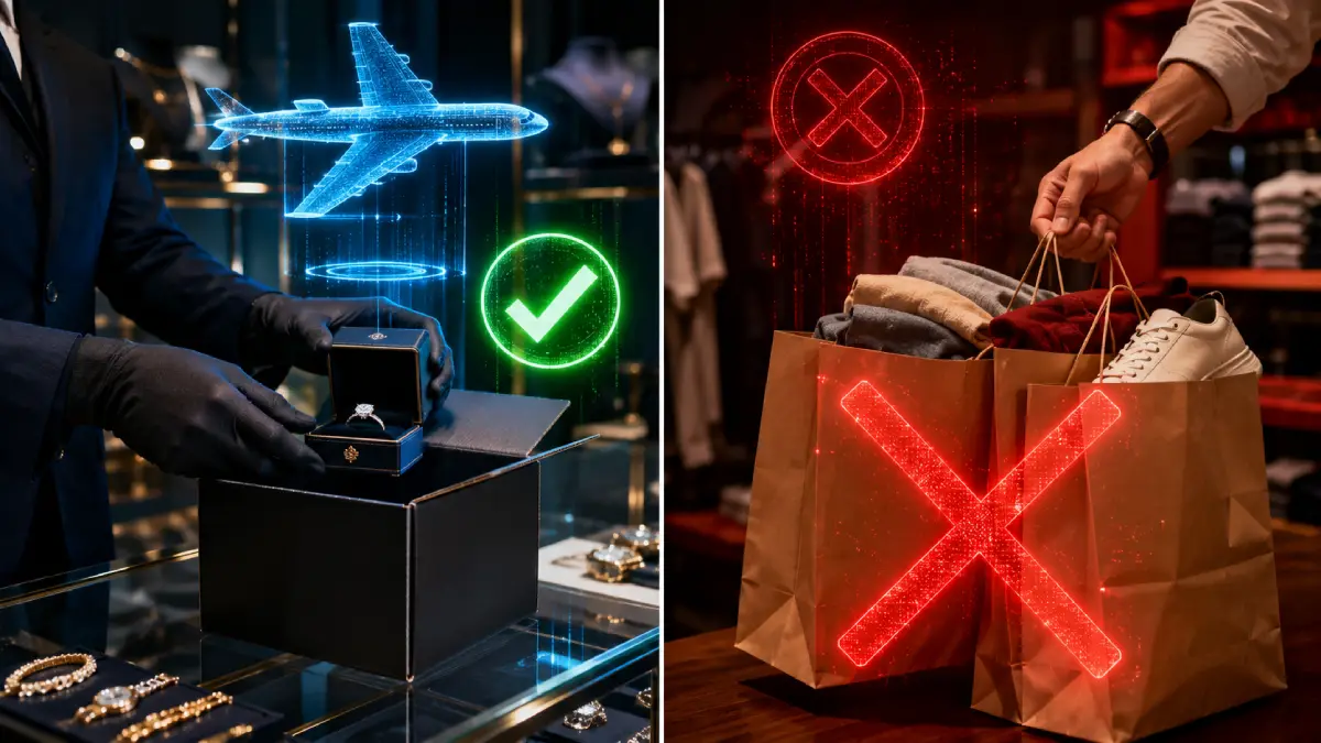 A side-by-side visual comparison showing eligible tax-free export methods versus non-eligible standard luggage items in Canada.