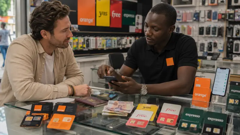 Traveler registering and activating a local prepaid SIM card at a mobile shop in Dakar.